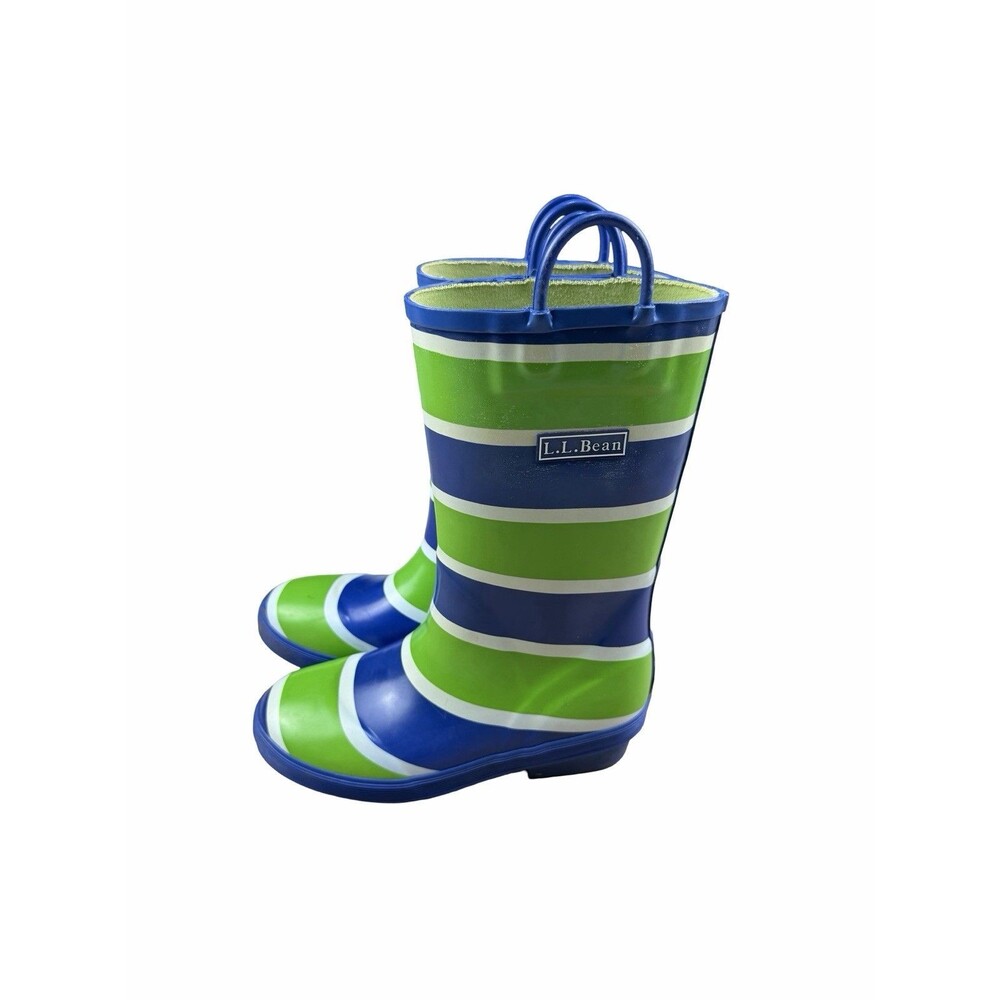 LL Bean Kids Puddle Stompers Rain Boots Size 2 Blue Green Striped Waterproof